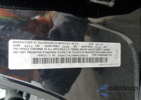 2011 Volkswagen Jetta Se from USA, damaged, VIN 3VWDZ7AJXBM329423